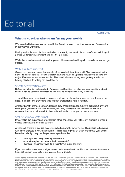 Editorials August 2022 - What to consider when transferring your wealth